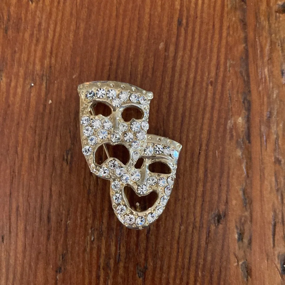 1980's Comedy and Tragedy Masks Pin Brooch with Rhinestones and Goldtone